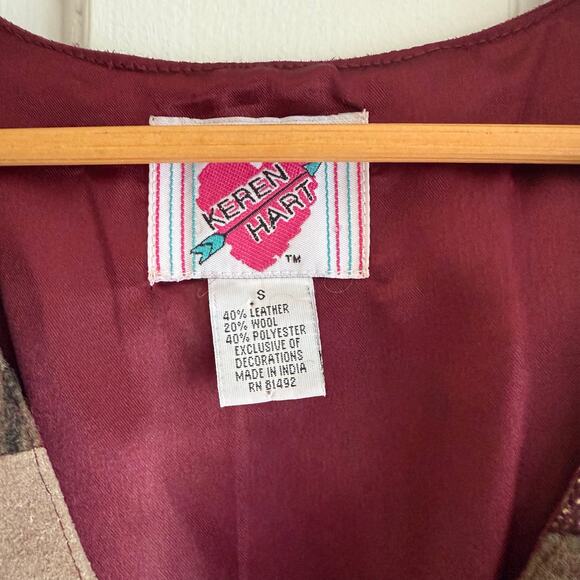 Keren Hart Vintage Suede Leather Wool Floral Plaid Patchwork Vest Burgundy Small - Picture 6 of 7